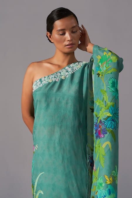 Buy_Koashee By Shubitaa_Blue Silk Embroidery, Zari One Shoulder Placed Resham Long Top With Sharara _Online_at_Aza_Fashions