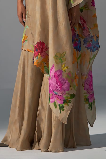 Koashee By Shubitaa_Brown Silk Embroidery, Zari One Shoulder Resham Placement Long Top With Sharara _at_Aza_Fashions