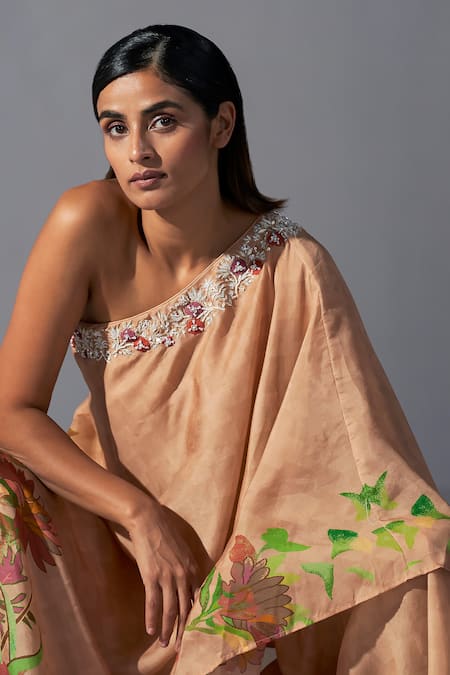 Koashee By Shubitaa_Peach Silk, Bamboo Embroidery, Zari Placed Floral Print Long Top With Sharara _Online_at_Aza_Fashions