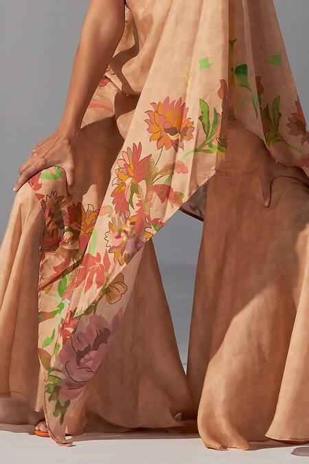 Buy_Koashee By Shubitaa_Peach Silk, Bamboo Embroidery, Zari Placed Floral Print Long Top With Sharara _Online_at_Aza_Fashions