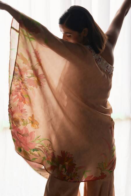 Shop_Koashee By Shubitaa_Peach Silk, Bamboo Embroidery, Zari Placed Floral Print Long Top With Sharara _Online_at_Aza_Fashions