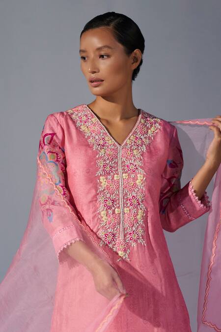 Koashee By Shubitaa_Pink Silk, Organza Embroidery V-neck Floral Kurta Sharara Set _Online_at_Aza_Fashions