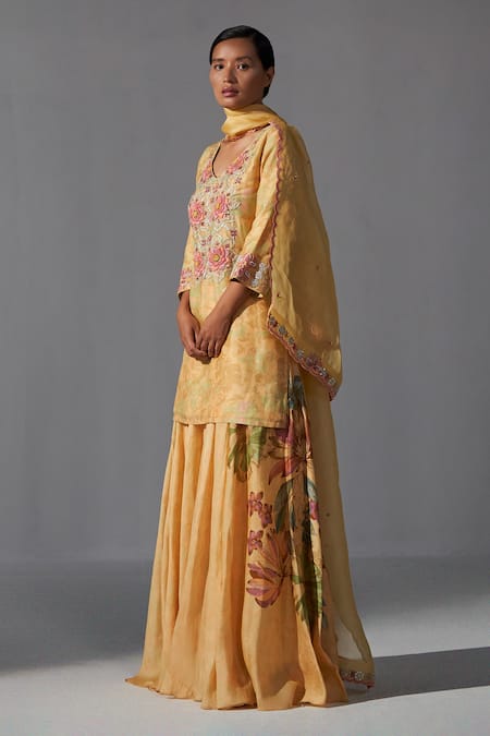 Koashee By Shubitaa_Yellow Organza, Silk Embroidery V-neck Placed Thread Kurta Sharara Set _Online_at_Aza_Fashions