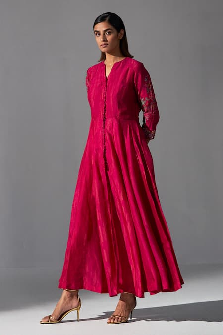 Koashee By Shubitaa_Red Silk Embroidery Collared Placed Floral Print Angarkha With Pant _Online_at_Aza_Fashions