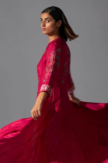 Buy_Koashee By Shubitaa_Red Silk Embroidery Collared Placed Floral Print Angarkha With Pant _Online_at_Aza_Fashions