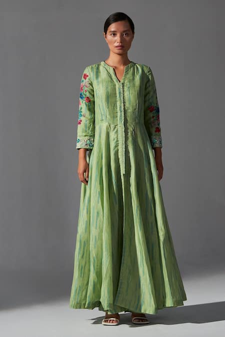 Koashee by Shubitaa Green Bemberg Silk Printed Floral Notched Boquet Angarkha With Pant