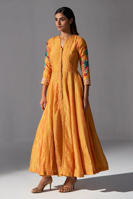 Koashee by Shubitaa Yellow Bemberg Silk Printed Floral Notched Flared Angarkha With Pant