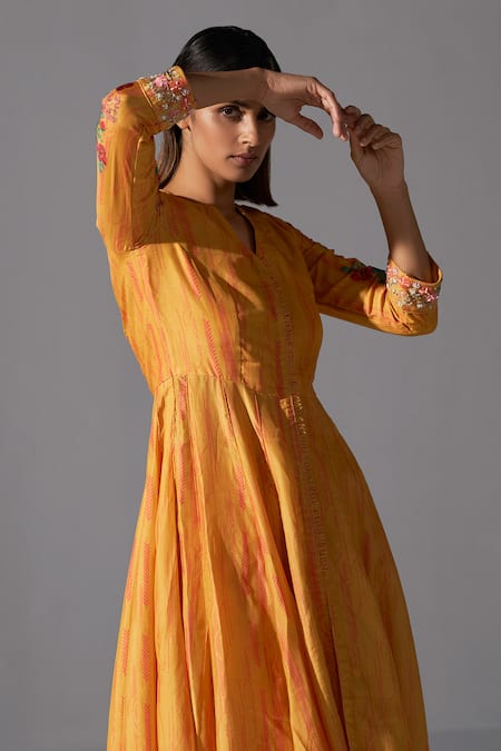 Koashee By Shubitaa Yellow Embroidery Collared Floral Print Angarkha With Pant Online at Aza Fashions Koashee By Shubitaa_Yellow Embroidery Collared Floral Print Angarkha With Pant _Online_at_Aza_Fashions