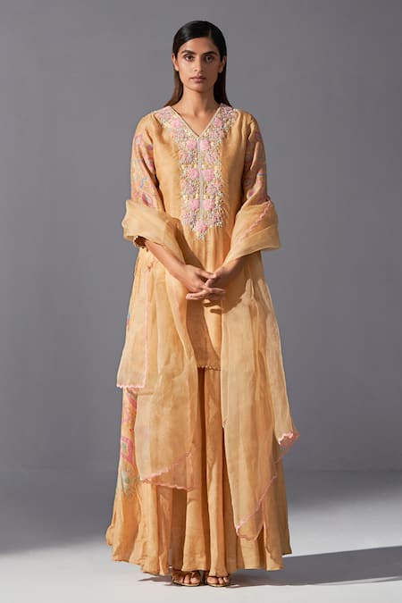 Koashee By Shubitaa Yellow Silk, Organza, Bamboo Embroidery V-neck Floral Bodice Kurta Sharara Set Online at Aza Fashions Koashee By Shubitaa_Yellow Silk, Organza, Bamboo Embroidery V-neck Floral Bodice Kurta Sharara Set _Online_at_Aza_Fashions