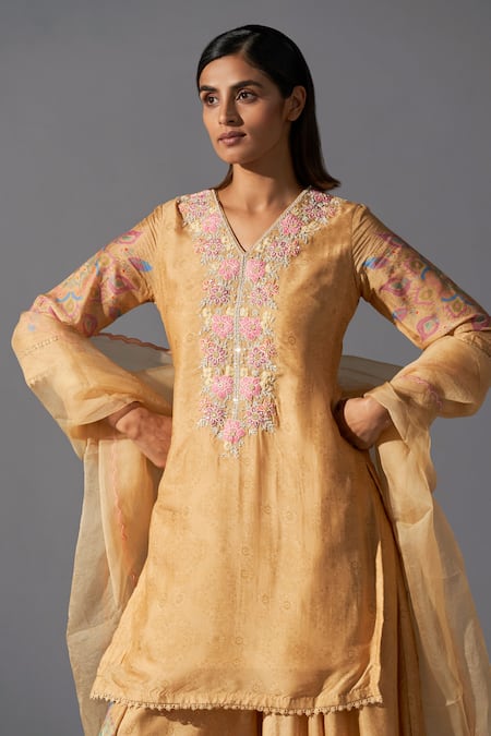 Buy Koashee By Shubitaa Yellow Silk, Organza, Bamboo Embroidery V-neck Floral Bodice Kurta Sharara Set Online at Aza Fashions Buy_Koashee By Shubitaa_Yellow Silk, Organza, Bamboo Embroidery V-neck Floral Bodice Kurta Sharara Set _Online_at_Aza_Fashions