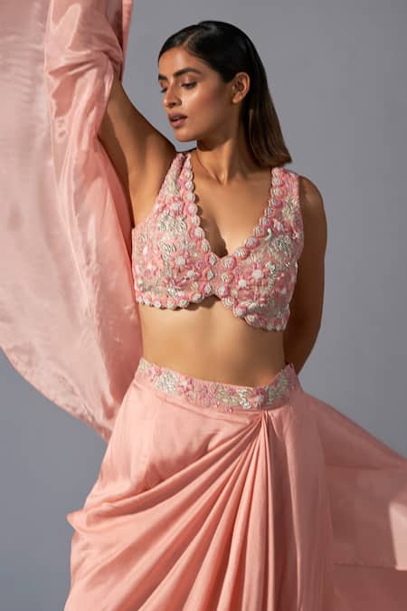 Koashee By Shubitaa_Pink Silk Zari V-neck Zardozi Embeoidered Cape Skirt Set _Online_at_Aza_Fashions