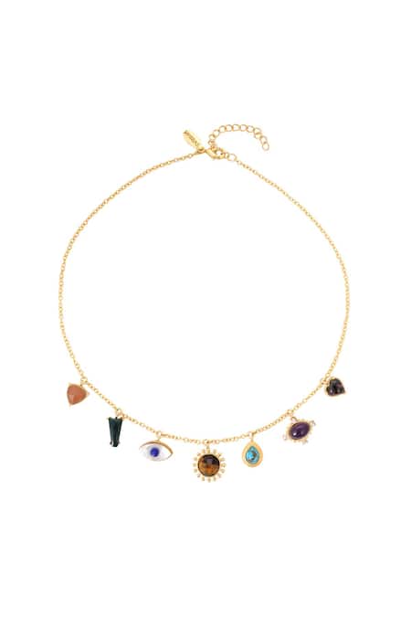 Shop_Zariin_Gold Plated Gemstones Multi Healing Pendants Necklace _at_Aza_Fashions