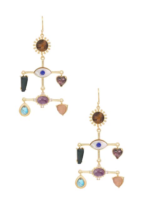 Shop Zariin Gold Plated Stones, Diamonds Multi Healing Earrings at Aza Fashions Shop_Zariin_Gold Plated Stones, Diamonds Multi Healing Earrings _at_Aza_Fashions