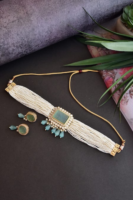 Shop_Swabhimann_Blue Stones Layered Pearl Choker Set _at_Aza_Fashions