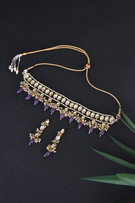 Shop_SWABHIMANN_Gold Plated Diamonds, Stones Kundan Studded Choker Set _at_Aza_Fashions