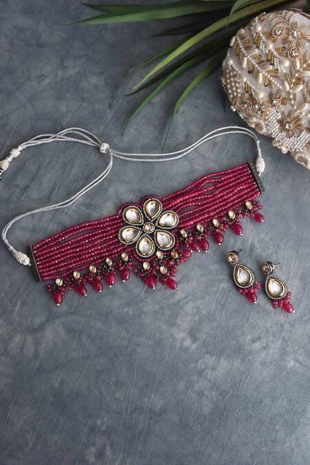 Shop_Swabhimann_Gold Plated Diamonds, Stones Floral Layered Choker Set _at_Aza_Fashions
