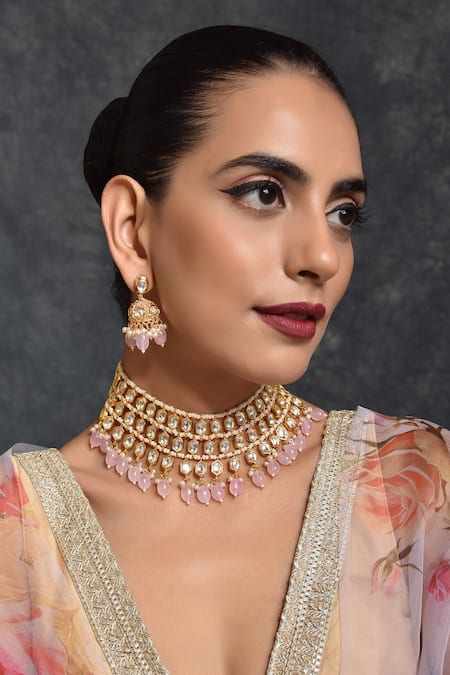 SWABHIMANN Gold Plated Pearls Layered Kundan Choker Set 