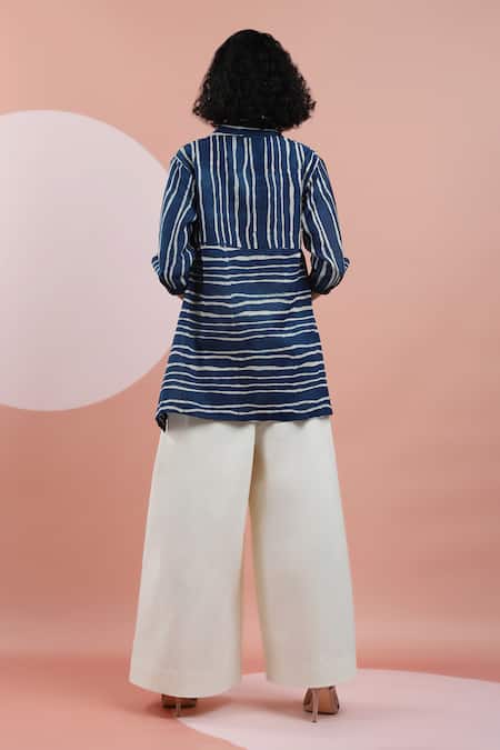 DHI_Blue Chanderi Collared Stripe Pattern Shirt _Online_at_Aza_Fashions