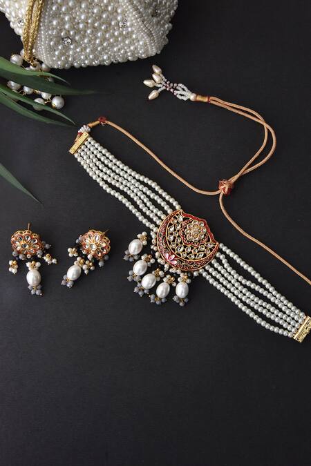 Shop_Swabhimann_Gold Plated Pearls, Gota Patti Kundan Floral Choker Set _at_Aza_Fashions
