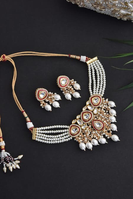 Shop_Swabhimann_Gold Plated Diamonds, Stones Layered Studded Choker Set _at_Aza_Fashions