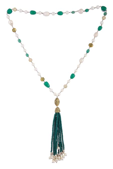 Shop_Kista_Green Beads Pearl Tassel Long Necklace _at_Aza_Fashions