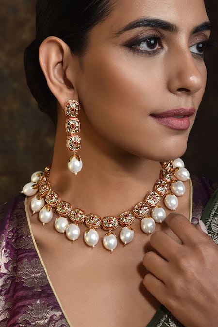 Buy Blue Gold Tone Pearl Necklace Set by SWABHIMANN JEWELLERY at Ogaan  Market Online Shopping Site