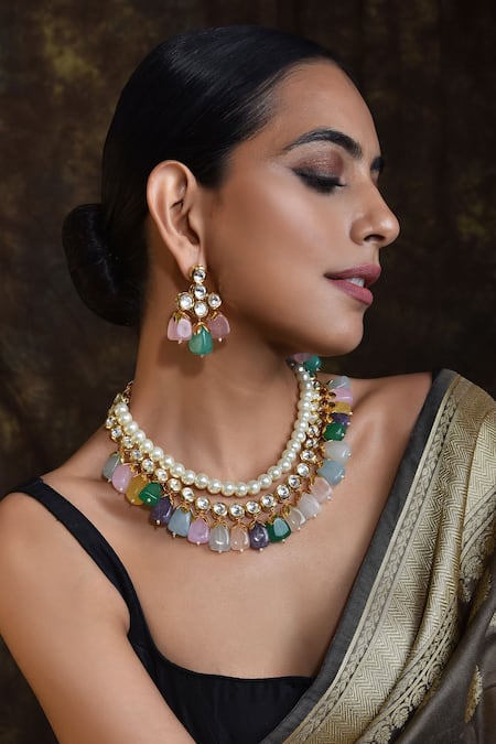 SWABHIMANN Handcrafted Stone Drop Necklace Set 