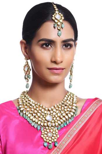 Buy Minaki Gold Plated Beads, Diamonds Kundan Choker Set at Aza Fashions Buy_Minaki_Gold Plated Beads, Diamonds Kundan Choker Set _at_Aza_Fashions