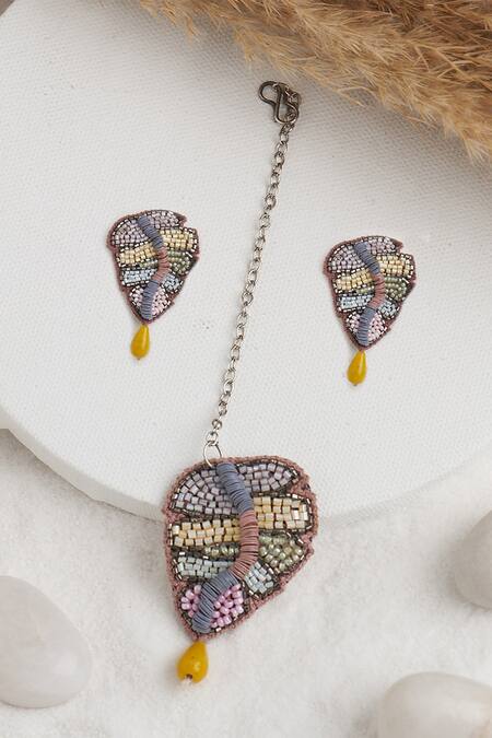 Shop_Torque By Merge_Multi Color Semiprecious Mixed Stones Bead Embellished Maangtikka And Earring Set _at_Aza_Fashions