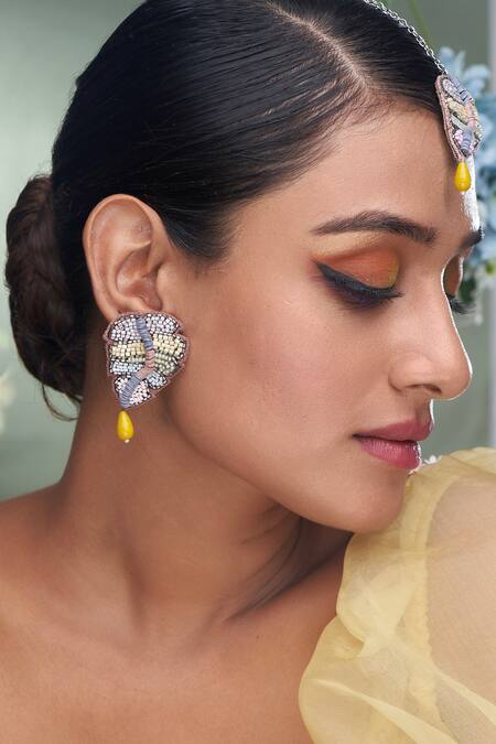 Shop_Torque By Merge_Multi Color Semiprecious Mixed Stones Bead Embellished Maangtikka And Earring Set _Online_at_Aza_Fashions