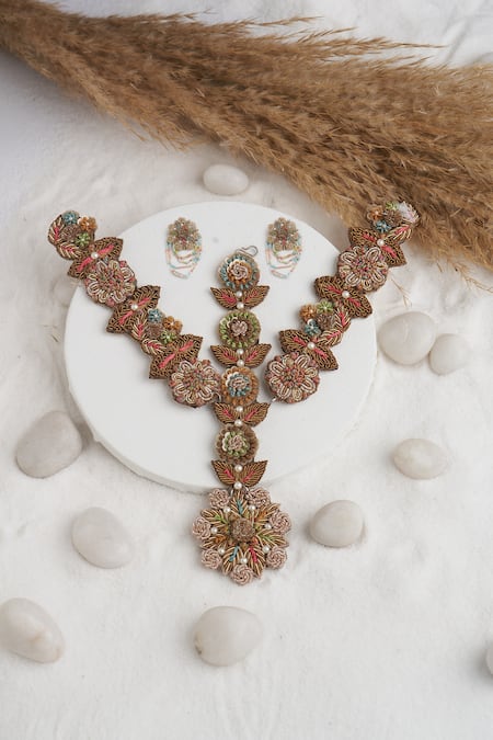 Shop_Torque By Merge_Multi Color Pearl Floral Embellished Mathapatti And Earring Set _at_Aza_Fashions