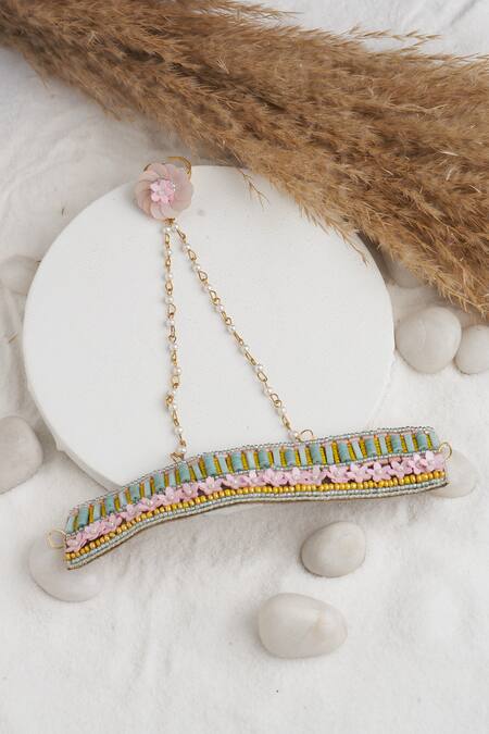 Shop_Torque By Merge_Multi Color Semiprecious Mixed Stones Bead And Sequin Embellished Haathphool _at_Aza_Fashions