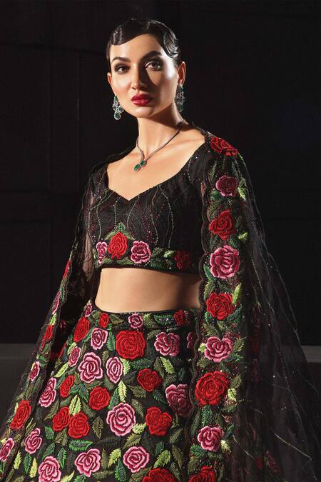 Amit GT_Black Tulle Hand Embroidered Thread Rhoda Trail Bridal Lehenga Set  _Online_at_Aza_Fashions