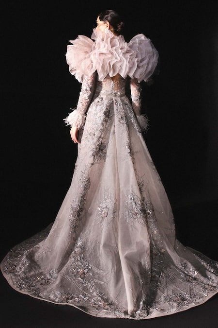 Amit GT Grey Hand Embroidered Gown & Ruffle Cape Set 