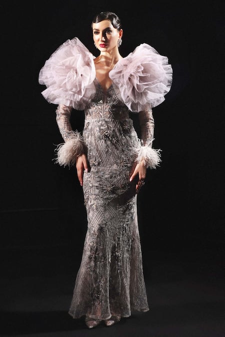 Amit GT_Gray Tulle Hand Embroidered 3d Flower Gown Plunge V Grey And Ruffle Cape Set _Online_at_Aza_Fashions