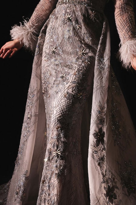 Buy_Amit GT_Gray Tulle Hand Embroidered 3d Flower Gown Plunge V Grey And Ruffle Cape Set _Online_at_Aza_Fashions