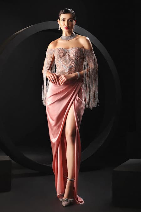 Amit GT Peach Tulle Hand Embroidered Thread Off Belle Yoke Draped Gown 