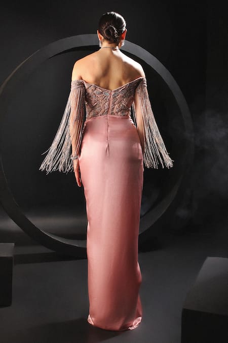 Shop Amit GT Peach Tulle Hand Embroidered Thread Off Shoulder Sweetheart Neck Gown at Aza Fashions Shop_Amit GT_Peach Tulle Hand Embroidered Thread Off Shoulder Sweetheart Neck Gown _at_Aza_Fashions