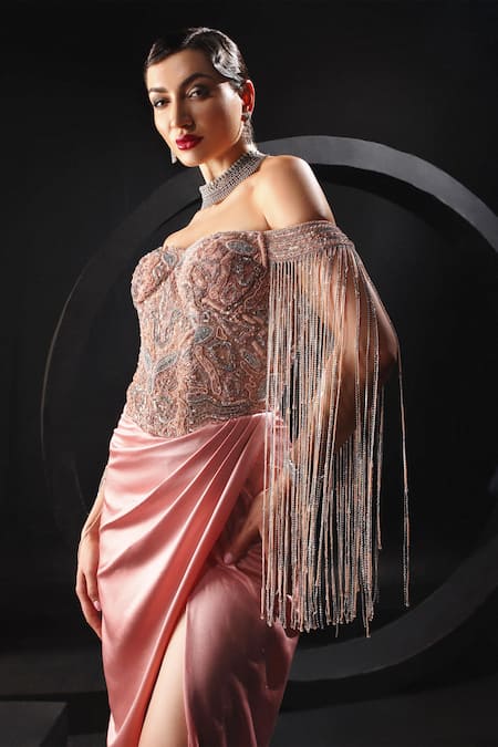 Shop Amit GT Peach Tulle Hand Embroidered Thread Off Shoulder Sweetheart Neck Gown Online at Aza Fashions Shop_Amit GT_Peach Tulle Hand Embroidered Thread Off Shoulder Sweetheart Neck Gown _Online_at_Aza_Fashions