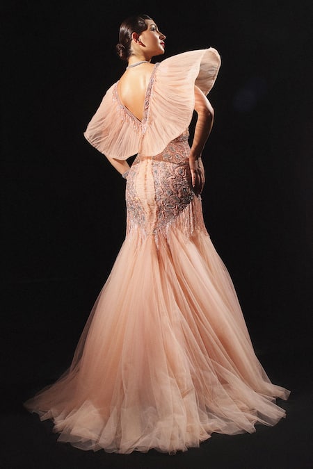 Amit GT Peach Sequin Embroidered Godet Gown 