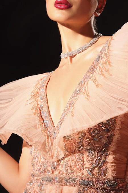 Buy_Amit GT_Peach Tulle Hand Embroidered Sequin Plunge V Neck Godet Gown _Online_at_Aza_Fashions