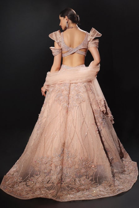 Shop Amit GT Peach Tulle Pearls, Sequins, Beads, Embroidery Plunge Neck Cut Dana Lehenga Set at Aza Fashions Shop_Amit GT_Peach Tulle Pearls, Sequins, Beads, Embroidery Plunge Neck Cut Dana Lehenga Set _at_Aza_Fashions
