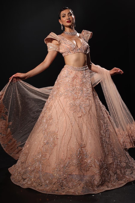 Amit GT Peach Tulle Pearls, Sequins, Beads, Embroidery Plunge Neck Cut Dana Lehenga Set Online at Aza Fashions Amit GT_Peach Tulle Pearls, Sequins, Beads, Embroidery Plunge Neck Cut Dana Lehenga Set _Online_at_Aza_Fashions