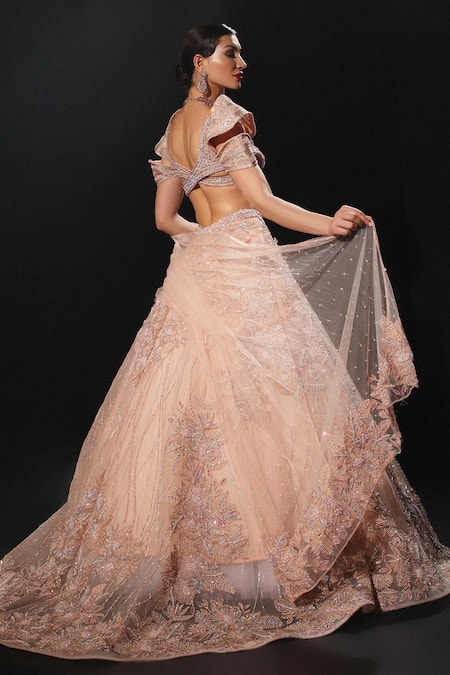 Buy Amit GT Peach Tulle Pearls, Sequins, Beads, Embroidery Plunge Neck Cut Dana Lehenga Set Online at Aza Fashions Buy_Amit GT_Peach Tulle Pearls, Sequins, Beads, Embroidery Plunge Neck Cut Dana Lehenga Set _Online_at_Aza_Fashions