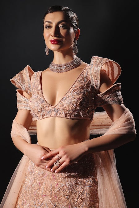 Shop Amit GT Peach Tulle Pearls, Sequins, Beads, Embroidery Plunge Neck Cut Dana Lehenga Set Online at Aza Fashions Shop_Amit GT_Peach Tulle Pearls, Sequins, Beads, Embroidery Plunge Neck Cut Dana Lehenga Set _Online_at_Aza_Fashions