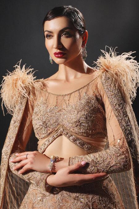 Amit GT_Gold Tulle Sequins, Beads, Khrysos Floral Embroidered Lehenga And Blouse Set _Online_at_Aza_Fashions