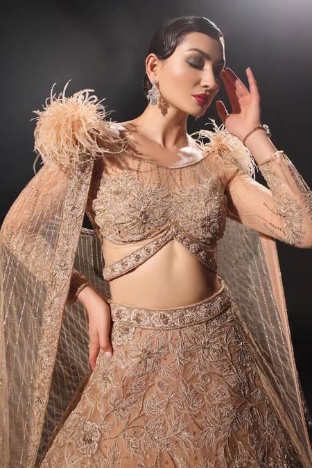 Buy_Amit GT_Gold Tulle Sequins, Beads, Khrysos Floral Embroidered Lehenga And Blouse Set _Online_at_Aza_Fashions