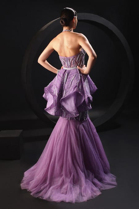 Shop Amit GT Purple Tulle Sequins, Stones, Beads Halter Lilac Hand Embroidered Trail Gown at Aza Fashions Shop_Amit GT_Purple Tulle Sequins, Stones, Beads Halter Lilac Hand Embroidered Trail Gown _at_Aza_Fashions