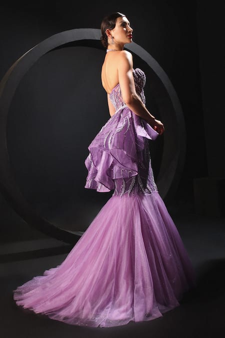 Amit GT Purple Tulle Sequins, Stones, Beads Halter Lilac Hand Embroidered Trail Gown Online at Aza Fashions Amit GT_Purple Tulle Sequins, Stones, Beads Halter Lilac Hand Embroidered Trail Gown _Online_at_Aza_Fashions