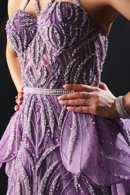 Buy Amit GT Purple Tulle Sequins, Stones, Beads Halter Lilac Hand Embroidered Trail Gown Online at Aza Fashions Buy_Amit GT_Purple Tulle Sequins, Stones, Beads Halter Lilac Hand Embroidered Trail Gown _Online_at_Aza_Fashions